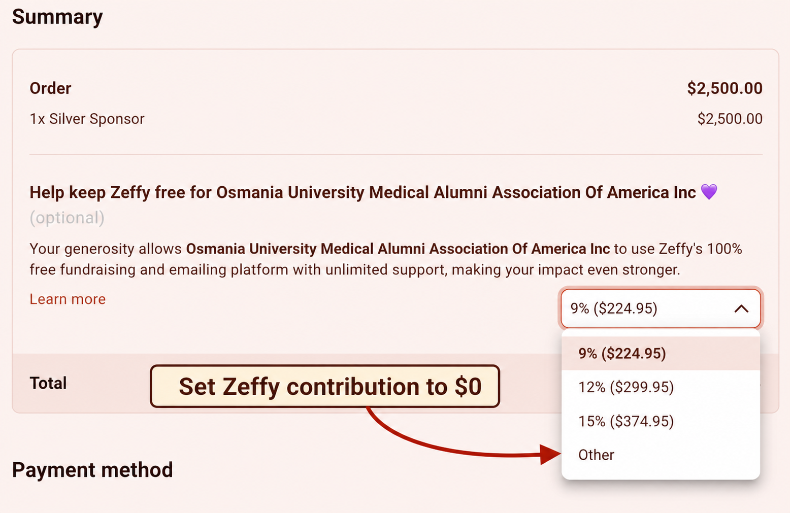 Zeffy order summary with an arrow pointing to Other in the optional platform contribution menu